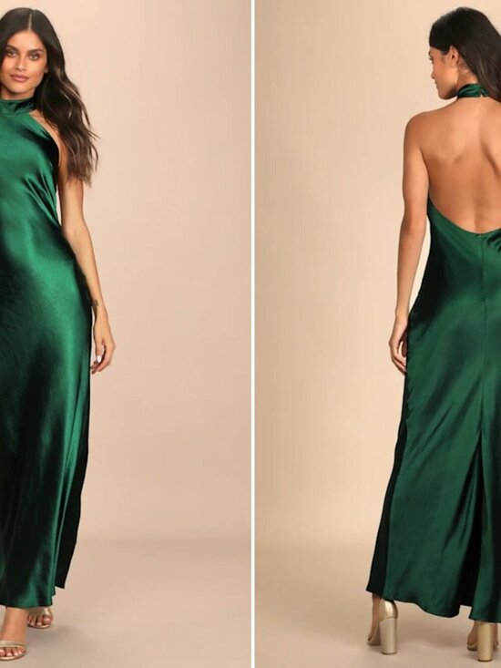 Lulus Dresses & Skirts - Love in your life emerald green satin halter maxi dress - Snag at Hem